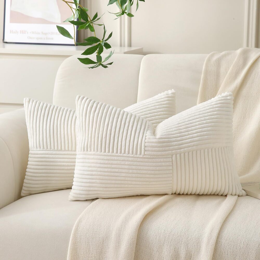6199 Cream Lumbar Throw Pillow Covers 12x20 inch,Pack of 2 Soft Corduroy